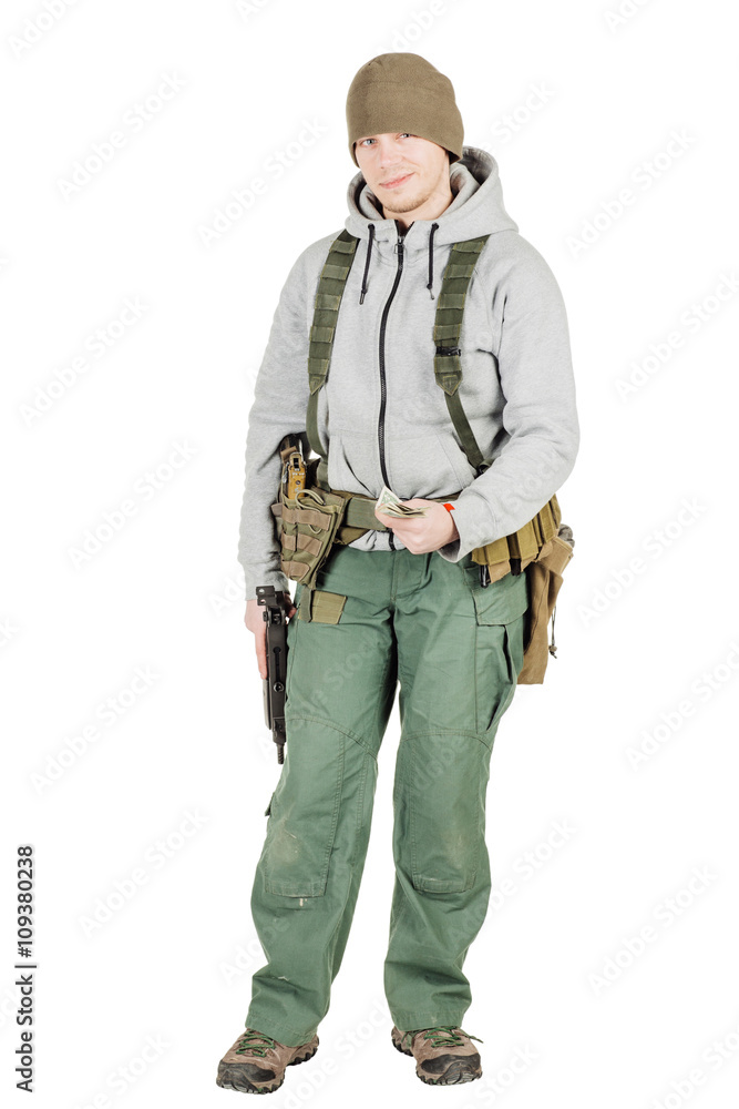 rebel or private military contractor holding black gun. war, arm rebel or private military contractor holding black gun. war, arm