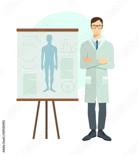 Young doctor in flat style. Presentation.