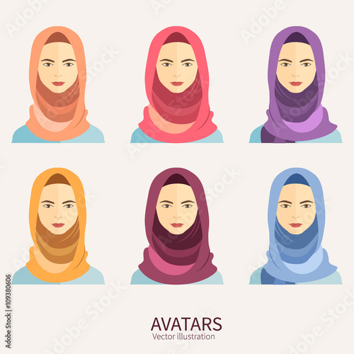 Women wearing hijab. Avatar icons in flat style.