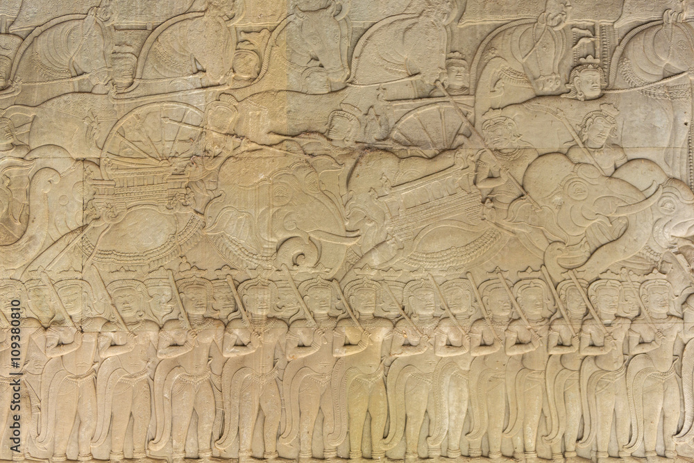 Wall Carving at Prasat Bayon Temple In Angkor Thom, Cambodia
