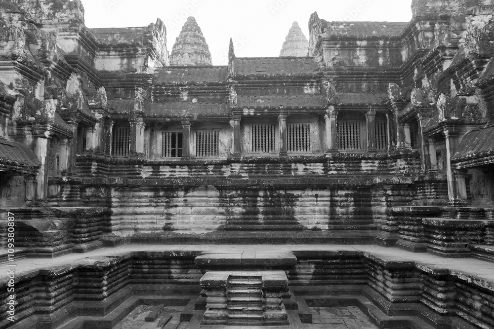 Details of Angkor Wat temple, the largest religious monument in the world, UNESCO World Heritage in Cambodia. Black and white.