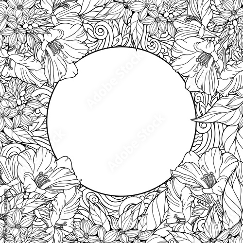 Coloring page with seamless pattern of flowers and place for tex