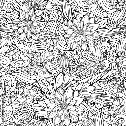 Coloring page with seamless pattern of flowers, butterflies and 