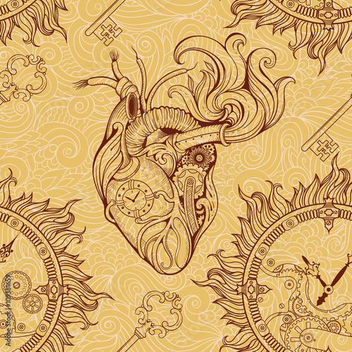 heart, clockwork and key in steampunk style.
