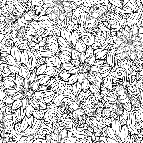  seamless pattern of flowers and bees.