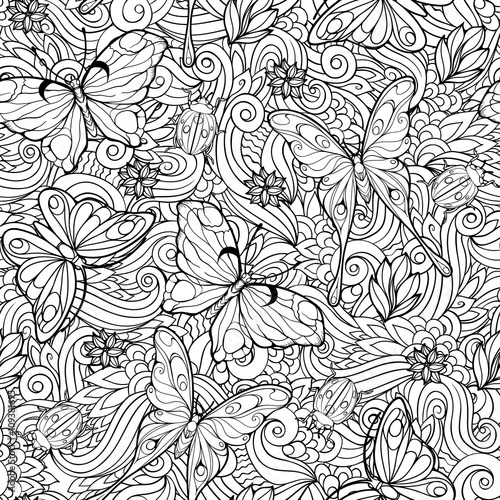  seamless pattern of flowers and butterflies.