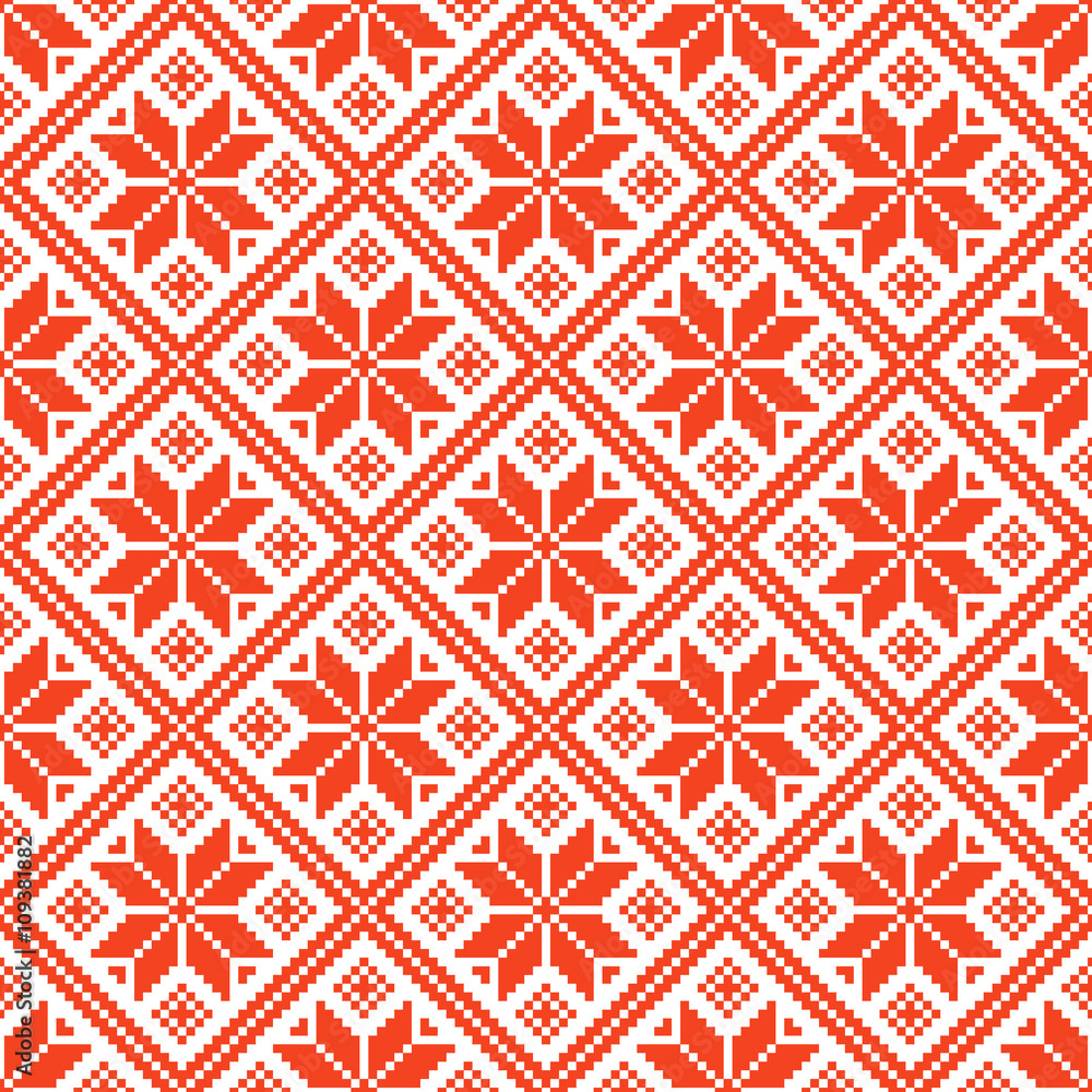Slavic Folk Seamless Pattern. Repetitive Red and White Embroidery Texture. Vector Ethnic Ornament Background