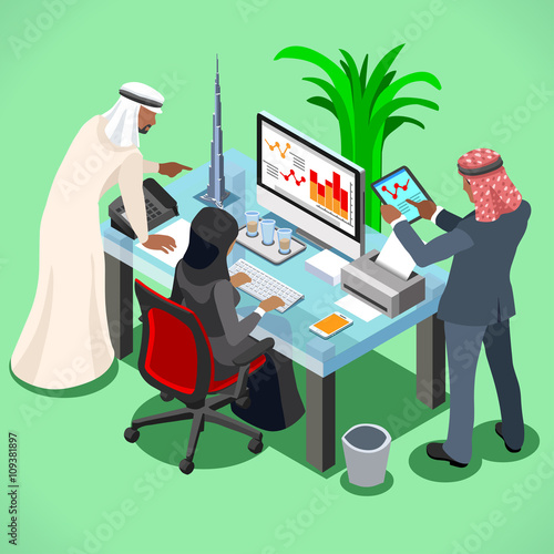 Arabic businessman bright modern office room. Arabic business meeting concept. 3D flat isometric vector illustration