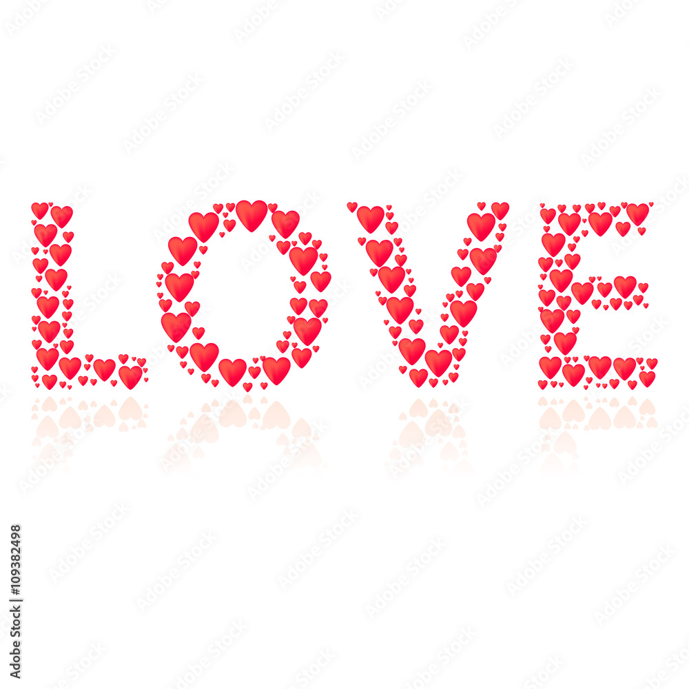 Romantic background with title Love. Title shape is filled by red hearts. Diffrent size of hearts. Reflection under title. Romantic background with title Love. Title shape is filled by red hearts. Diffrent size of hearts. Reflection under title.