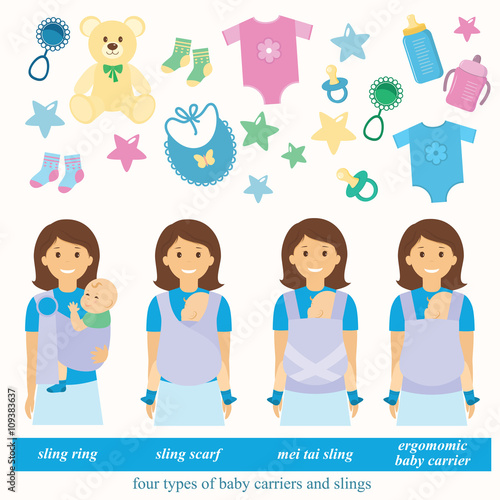 Four types of baby carriers and slings: sling ring, ergonomic baby carrier, mei tai baby carrier, aling scarf.Baby supplies.Vector illustration.