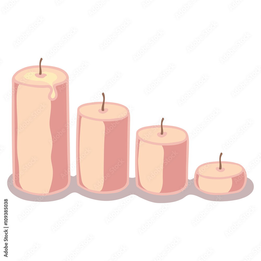Vector hand drawn candle set of four candles. Cartoon pastel colored candles on white background. Hand drawn vector illustration of candle set. Vector hand drawn candle set of four candles. Cartoon pastel colored candles on white background. Hand drawn vector illustration of candle set.