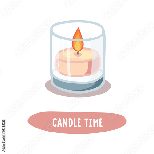 Vector illustration of candle in glass. Hand drawn burning candle in glass. Candle time lettering.