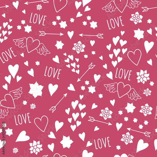 Hand drawn seamless pattern with hearts and love lettering. Cute seamless heart pattern on rose background with arrows
