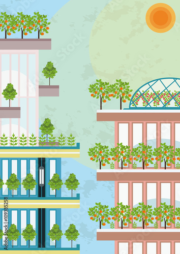 Trees, small gardens and green-houses on the roof of the buildings as an example of urban gardening and combination of architecture with nature