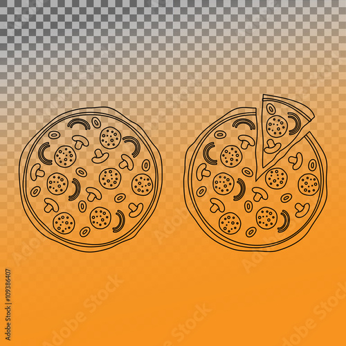 Whole pizza and pizza with separate slice line icons. Vector Illustration