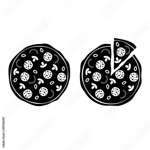 Whole pizza and pizza with separate slice icons. Vector Illustration