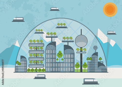 Concept of the future city - green industrial oasis in arctic (or antarctic)