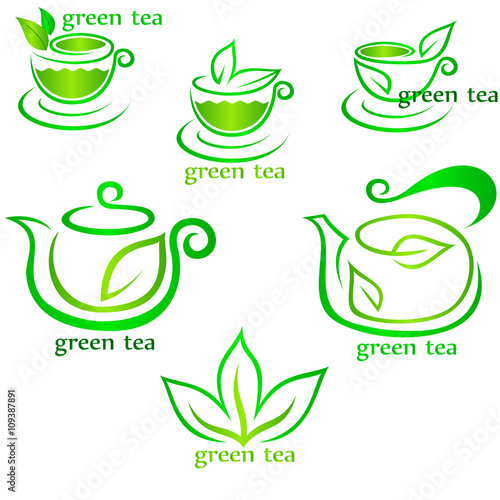 Cups of fresh tea and green leaves