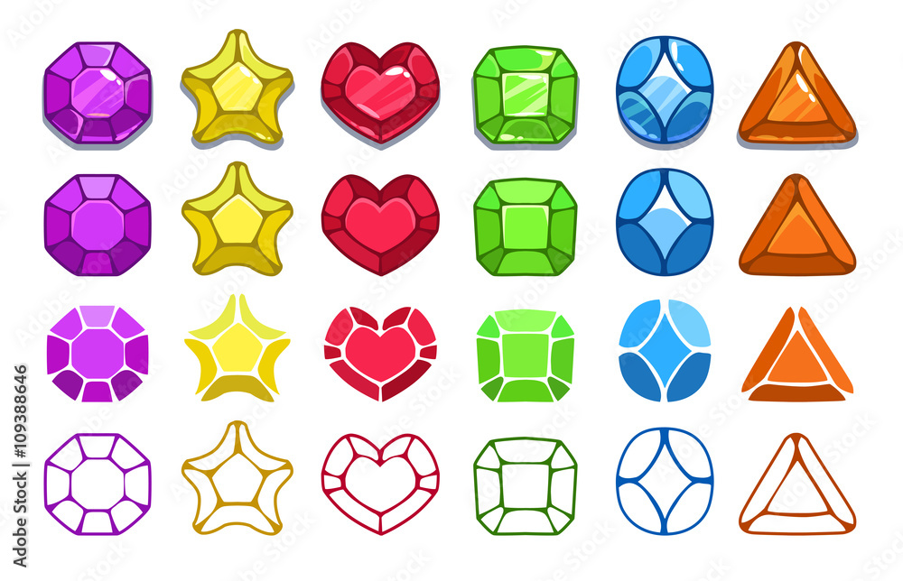 Colorful cartoon gem icons set Colorful cartoon gem icons set