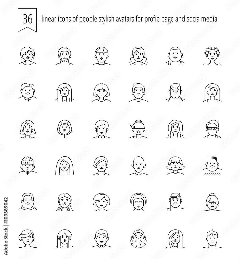 36 linear icons of people stylish avatars for profile page, soci 36 linear icons of people stylish avatars for profile page, soci