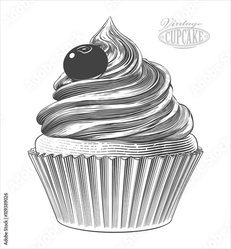 Cupcake in engraving style.   Vector  illustration, isolated, grouped on transparent background.