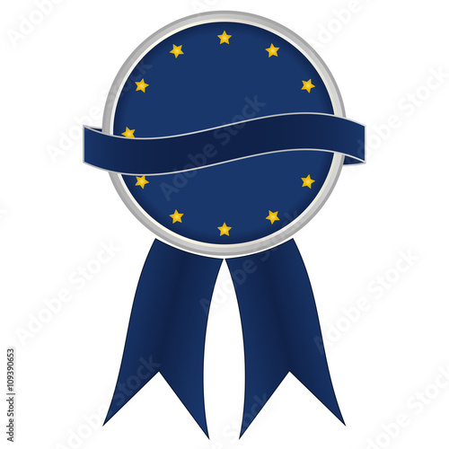 Blue medal. Blue badge. Blue badge with silver edges. Badge with ribbon and place for text. 