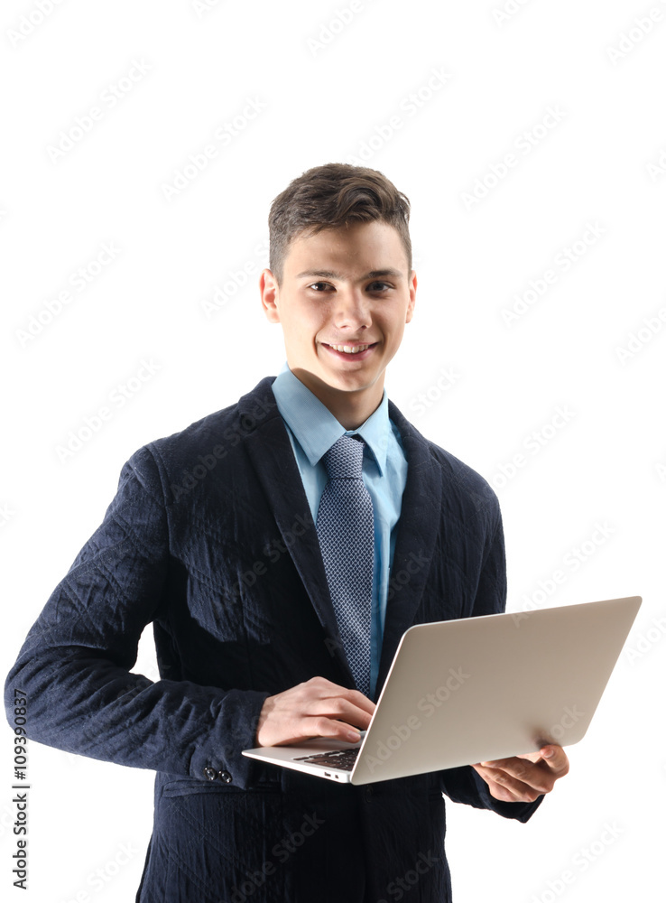 Happy teenager at college work on laptop isolated on white backg Happy teenager at college work on laptop isolated on white backg