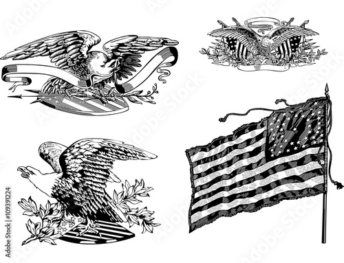 U.S. eagles and old U.S. historical flag