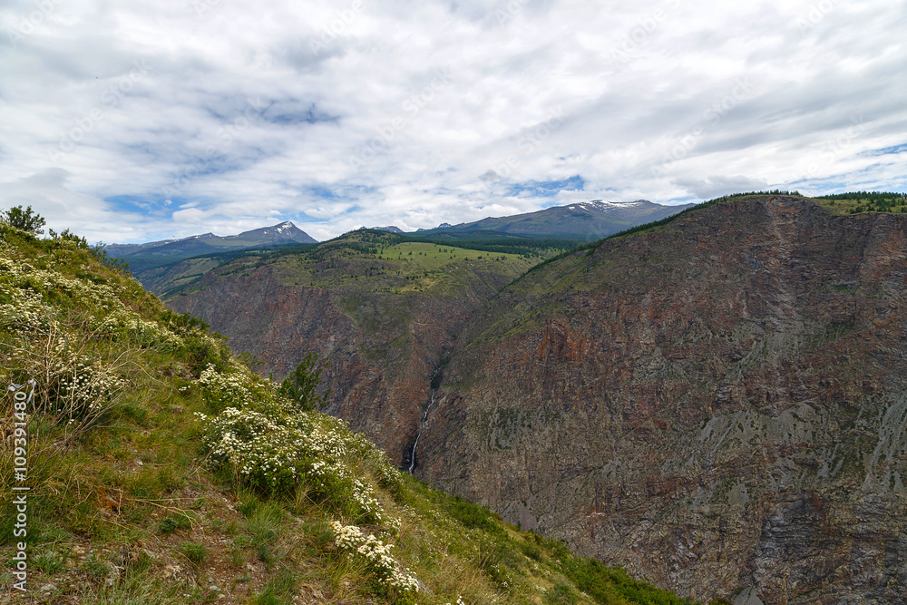 Chulyshman mountain valley from a height of Summer Rain River Falls Chulyshman mountain valley from a height of Summer Rain River Falls