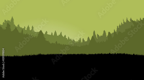 Misty forest landscape for games background, with dark grass. Parallax scrolling. Vector illustration.