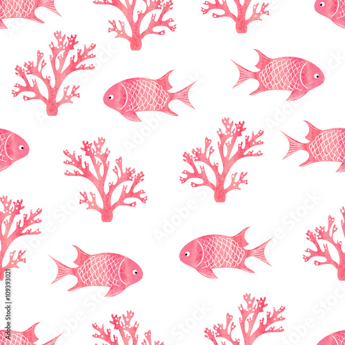 Watercolor seamless pattern with fish and corals. Pink vector background. Underwater world. 