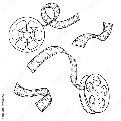 Set of film strip and reel. Sketch vector illustration. 