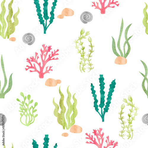 Watercolor seamless pattern with corals, seaweeds, shells and stones. Underwater algae. Vector watercolor marine background. 