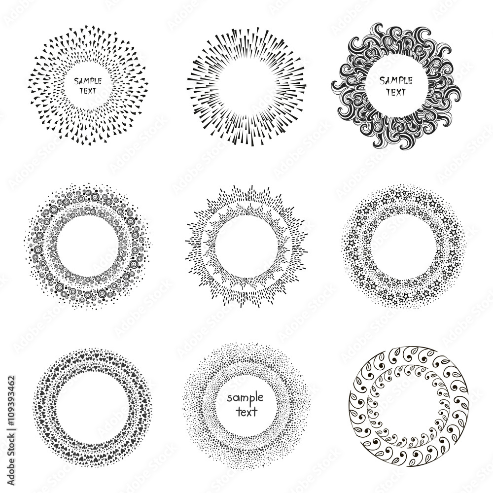 Set of hand drawn round frames. Collection of black round decorative elements isolated on white background. Set of hand drawn round frames. Collection of black round decorative elements isolated on white background.