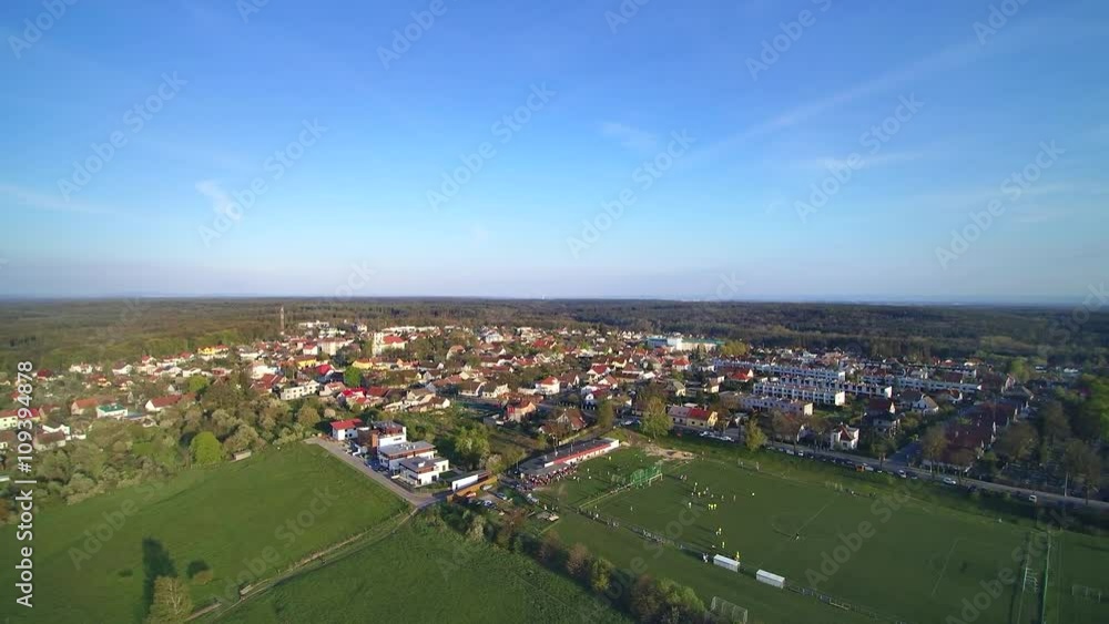 aerial view small town and football stadium aerial view small town and football stadium