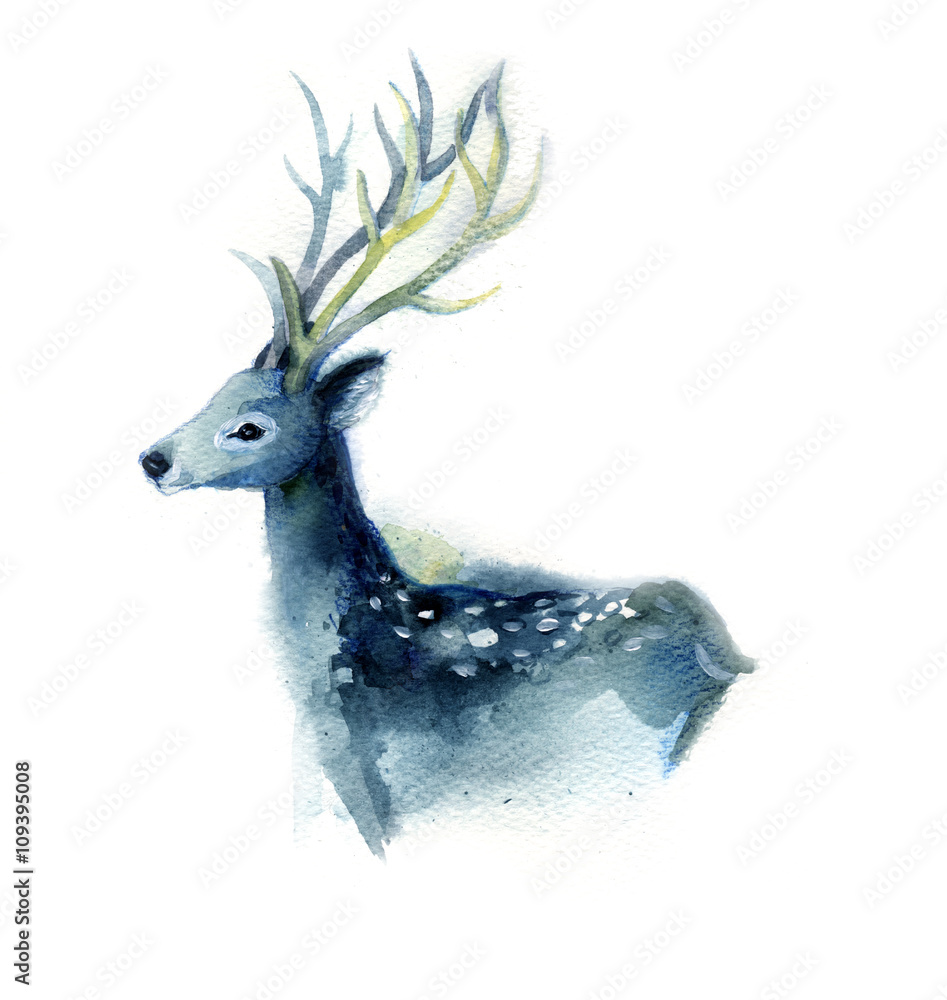 Obraz Watercolor sketch of the beautiful blue deer on a white background. Hand drawn.