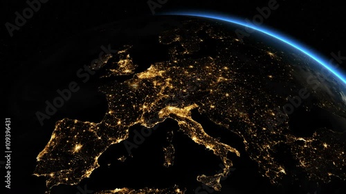 Sunrise over Europe. The European states from space. Clip contains earth, europe, sunrise, space, map, globe, satellite, planet, european, european union. Images from NASA.
