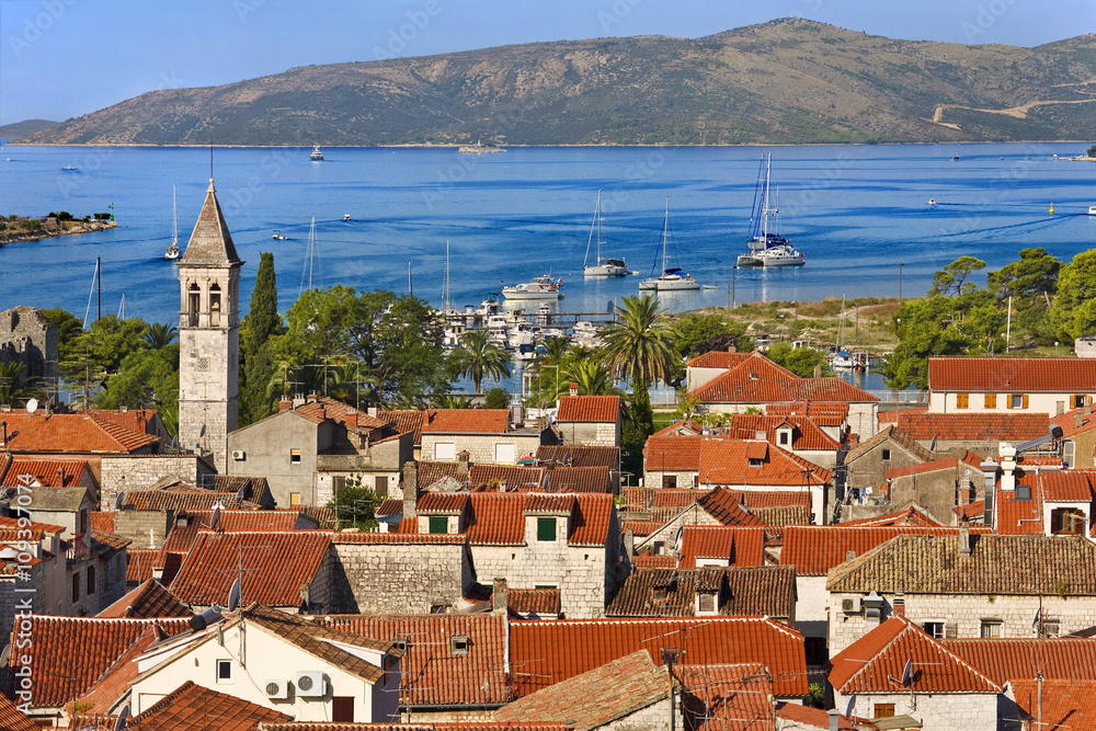 Croatia. Middle Dalmatia. The old town of Trogir seen from the Kamerlengo Fortress (Historical Trogir is on UNESCO World Heritage List)
