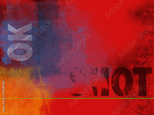 Chaotic red cyan and yellow abstract background with word shot and ok