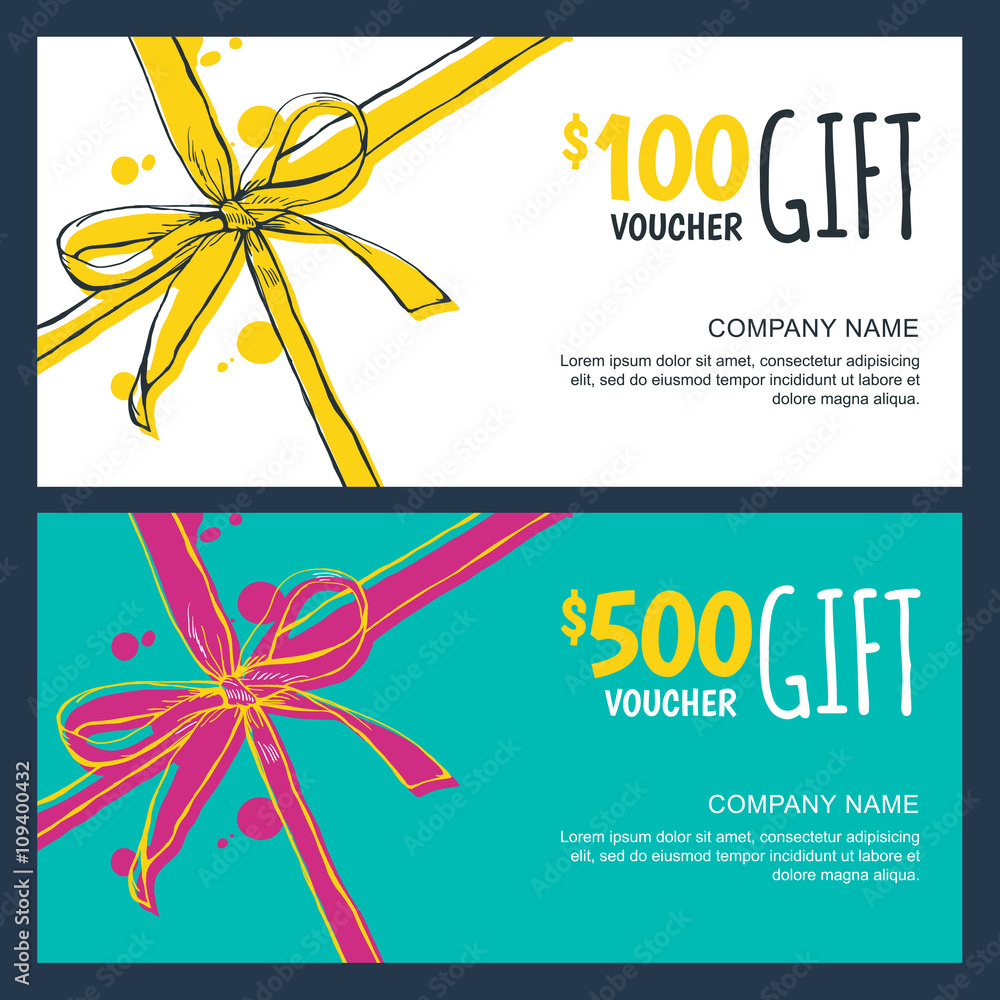 Vector gift vouchers with bow ribbons, white and blue backgrounds. Creative holiday cards or banners. Design concept for gift coupon, invitation, certificate, flyer, ticket. - obrazy, fototapety, plakaty 