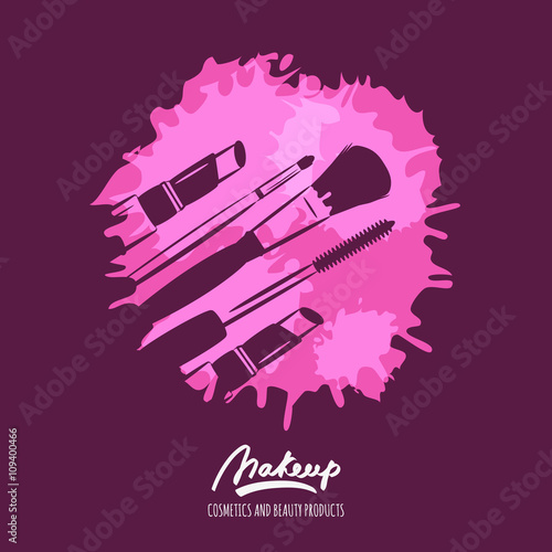 Vector hand drawn illustration of makeup tools, brushes, mascara and lipstick on watercolor splash background. Beauty and skincare concept. Watercolor design for cosmetics labels or banners.