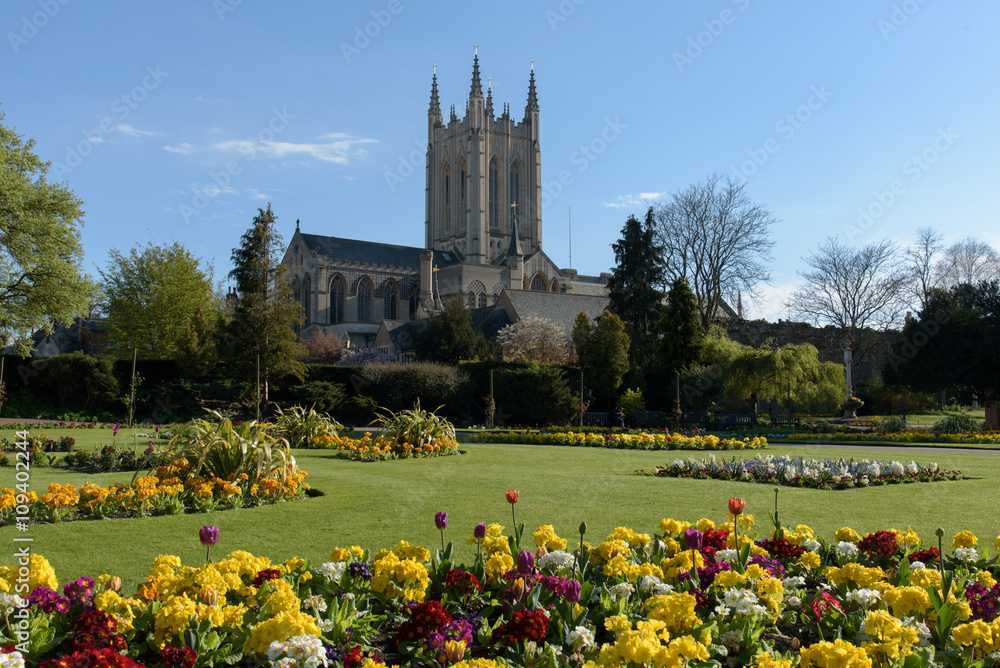 St Edmundsbury Cathedral with flowers in foreground