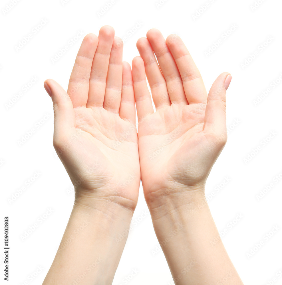 Two open female hands on white background Two open female hands on white background