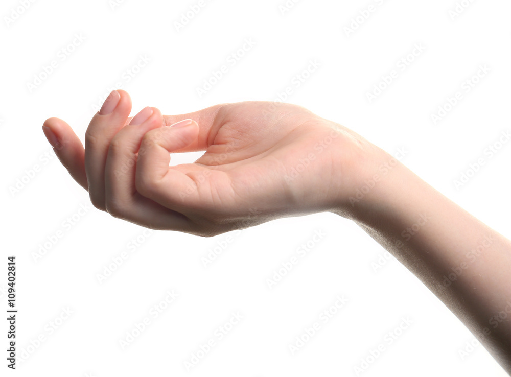 Open palm hand gesture on white background Open palm hand gesture on white background