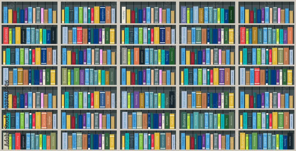 Obraz premium Colorful books on the shelves stacked with shadows.