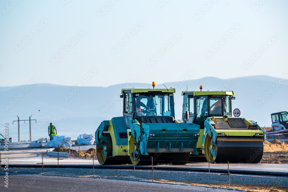 Road rollers working on the construction site