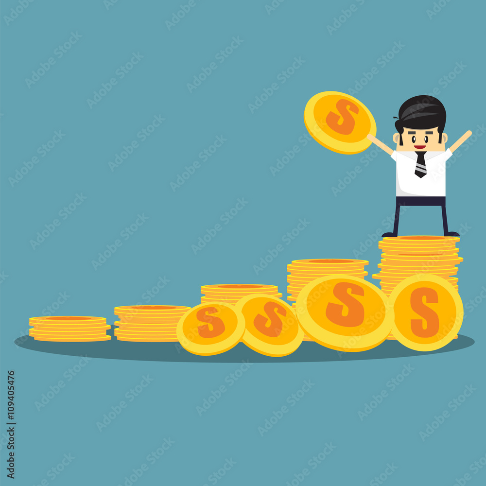 Happy Business man on top of coin. success concept Happy Business man on top of coin. success concept