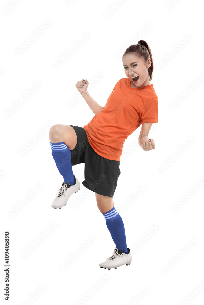 Asian woman football player happy
