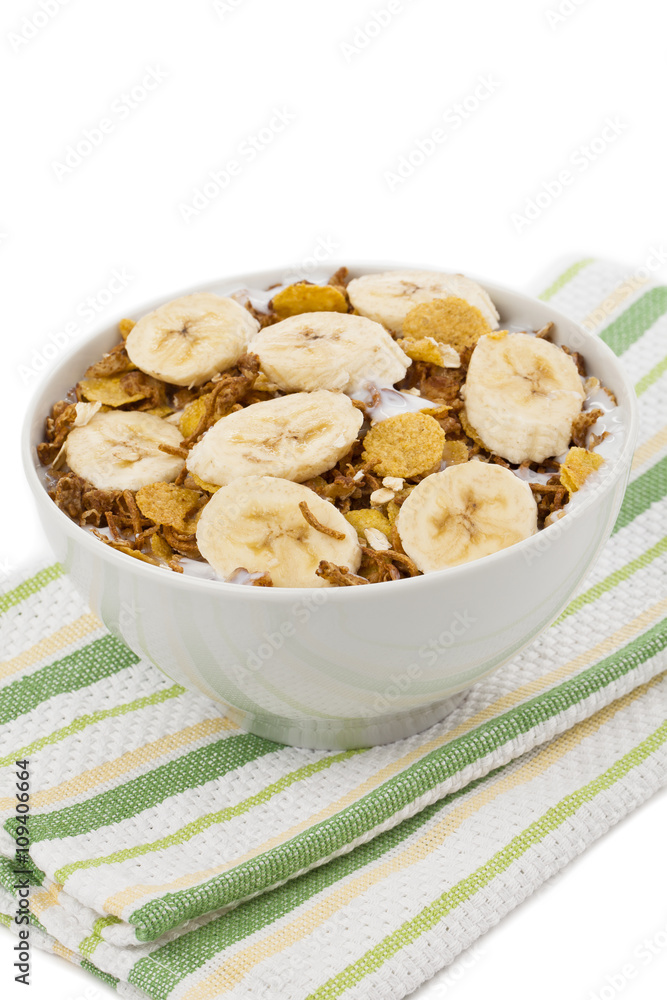 cereal with slice banana on a green table napkin cereal with slice banana on a green table napkin