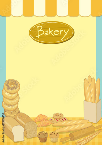 Menu template design vector illustration.Bakery cafe shop.Empty for your message,text,note,memo,notepad,brochure,flyer,poster,recipe.Decoration with bakery product awning and wood sign.